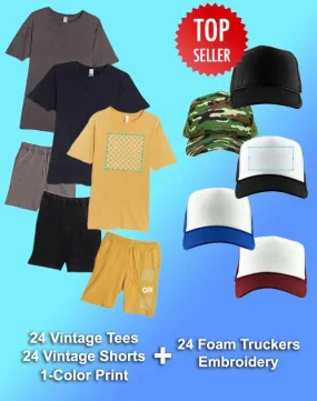 24 1-Color Print Vintage T-Shirt & Short Sets (Unisex)   24 Embroidered Foam Truckers