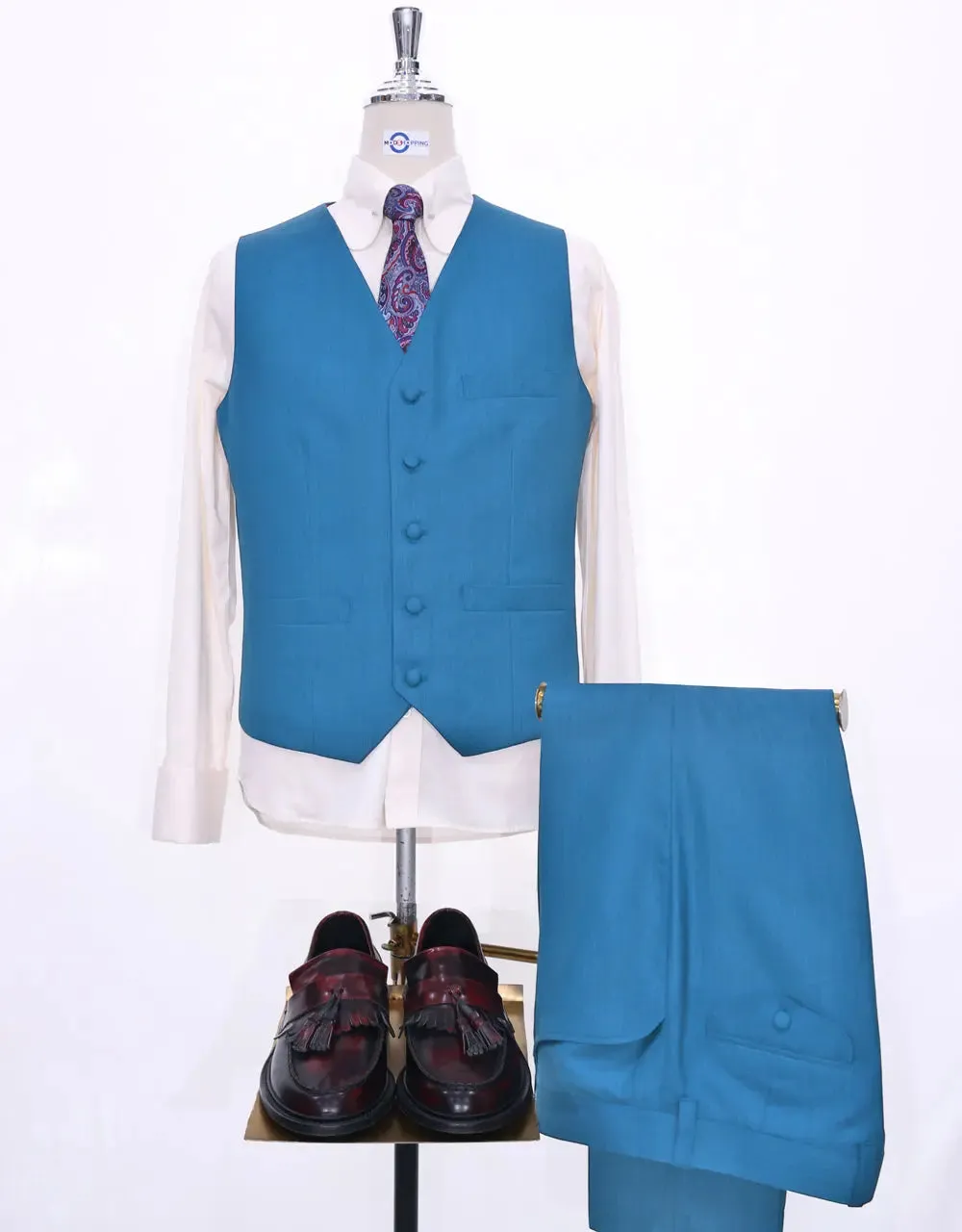 3 Piece Suit | Deep Sky Blue Herringbone Suit
