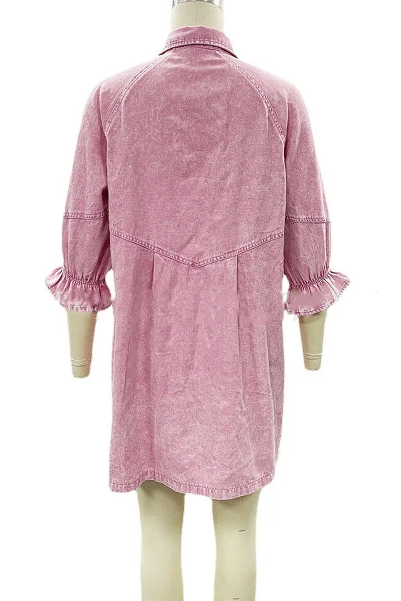 BB693 Lantern Sleeve Denim Shirt Dress