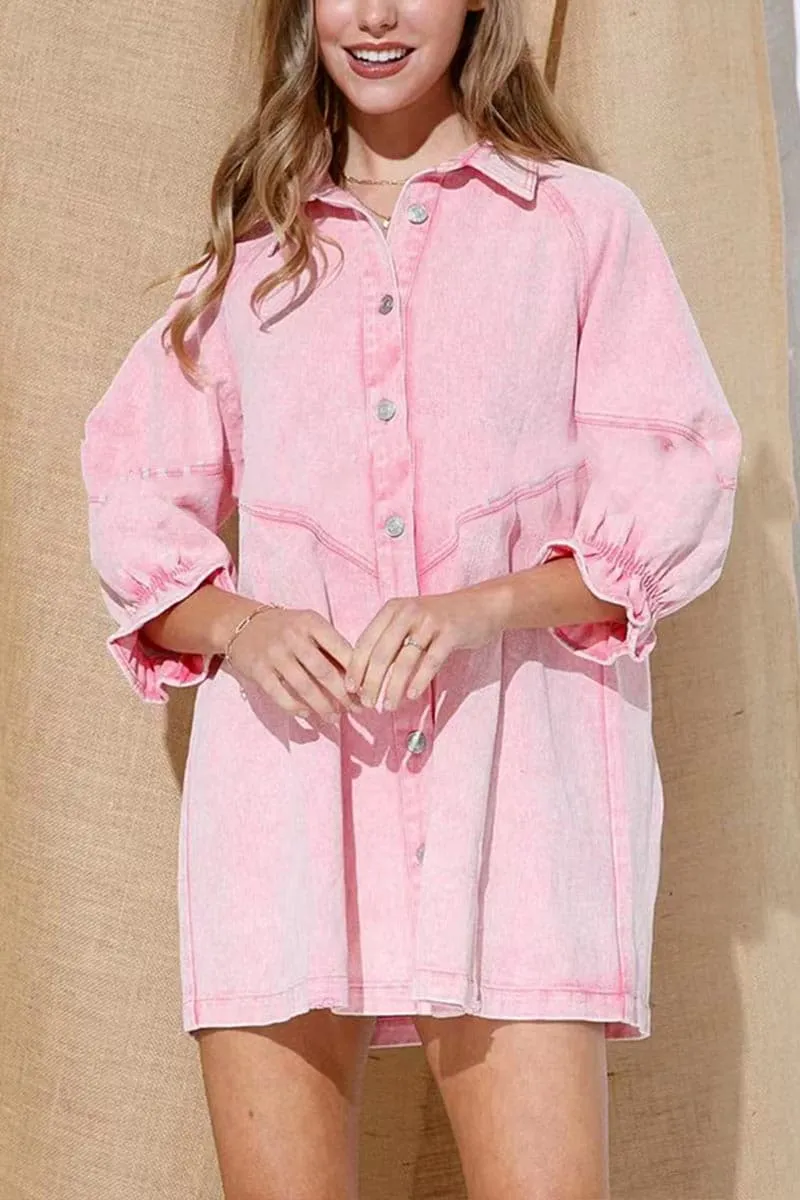BB693 Lantern Sleeve Denim Shirt Dress