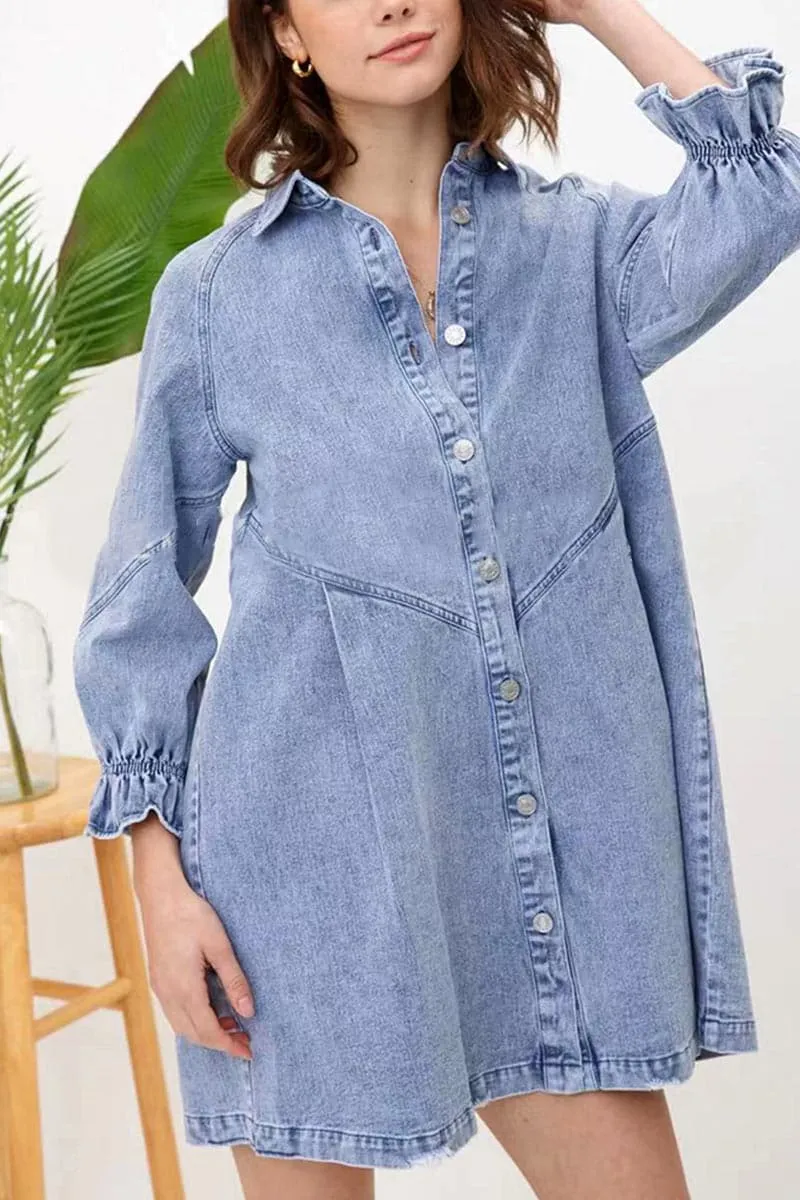 BB693 Lantern Sleeve Denim Shirt Dress