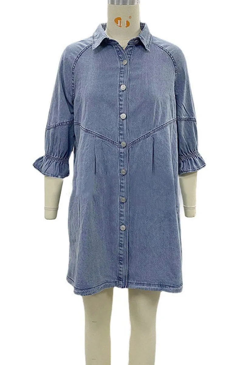 BB693 Lantern Sleeve Denim Shirt Dress