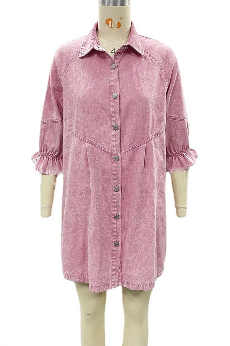 BB693 Lantern Sleeve Denim Shirt Dress