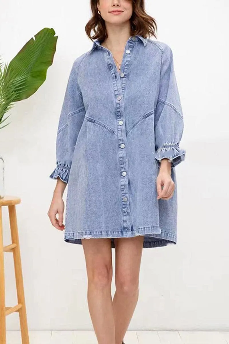 BB693 Lantern Sleeve Denim Shirt Dress