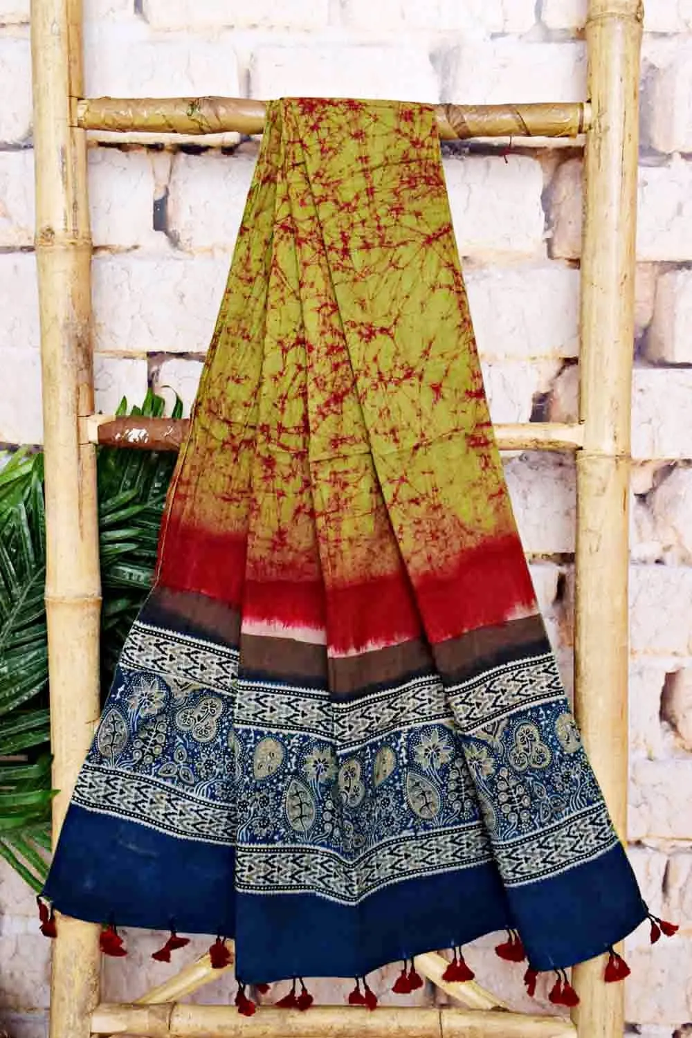 Blue-Green Ajrakh with Batik Unstitched Suit