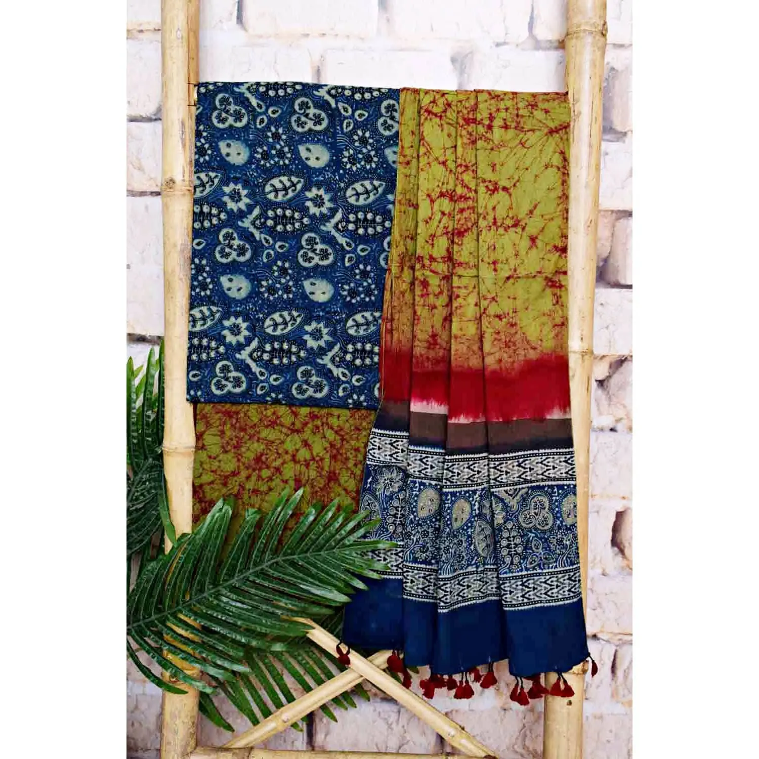 Blue-Green Ajrakh with Batik Unstitched Suit