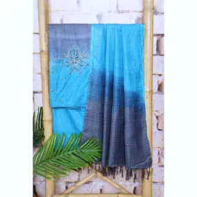 Blue Hand Embroidered Bhagalpuri Silk Cotton Suit