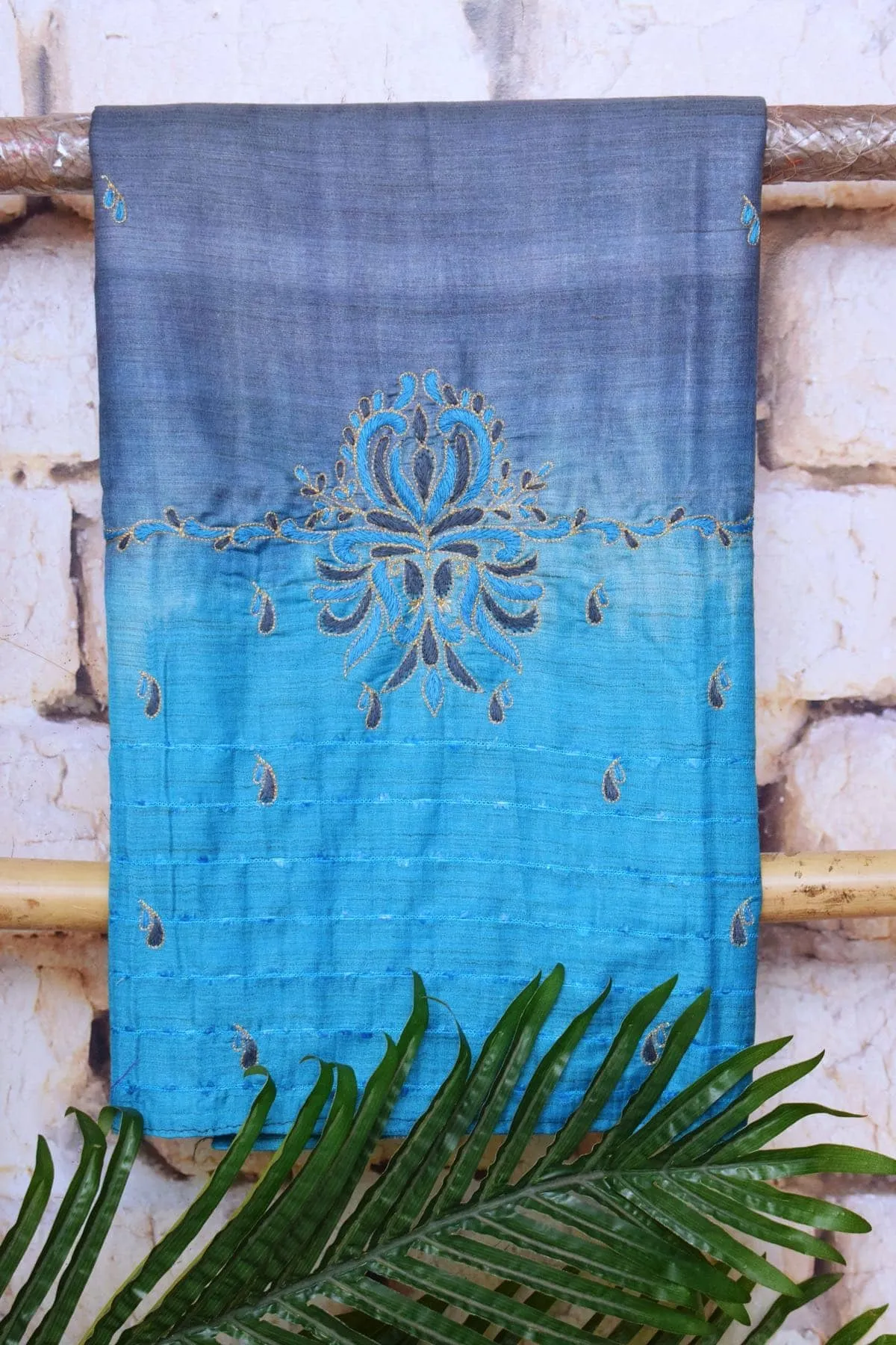 Blue Hand Embroidered Bhagalpuri Silk Cotton Suit