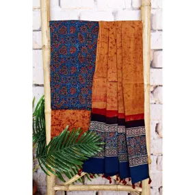Blue-Orange Ajrakh with Batik Unstitched Suit