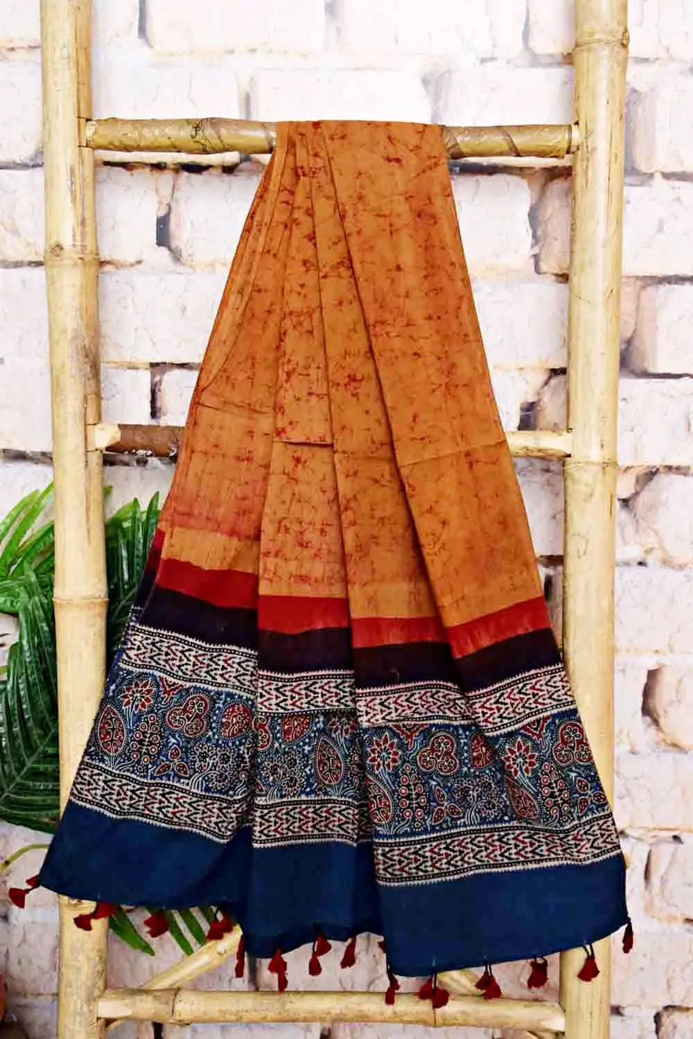 Blue-Orange Ajrakh with Batik Unstitched Suit