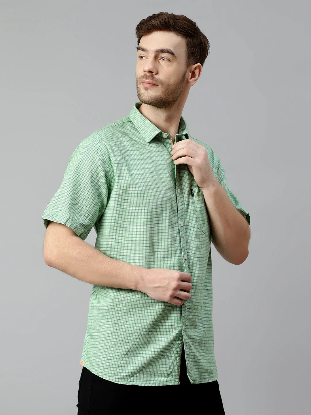 Cantabil Cotton Checkered Green Half Sleeve Regular Fit Casual Shirt for Men with Pocket