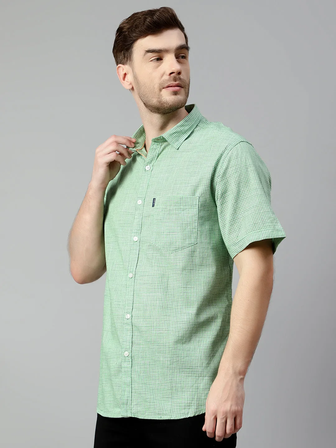 Cantabil Cotton Checkered Green Half Sleeve Regular Fit Casual Shirt for Men with Pocket