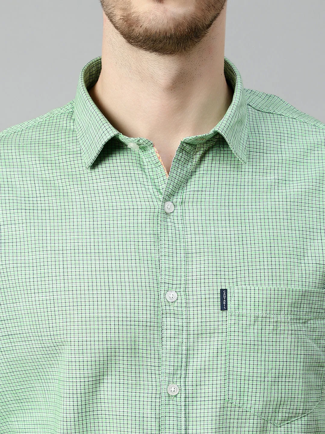 Cantabil Cotton Checkered Green Half Sleeve Regular Fit Casual Shirt for Men with Pocket