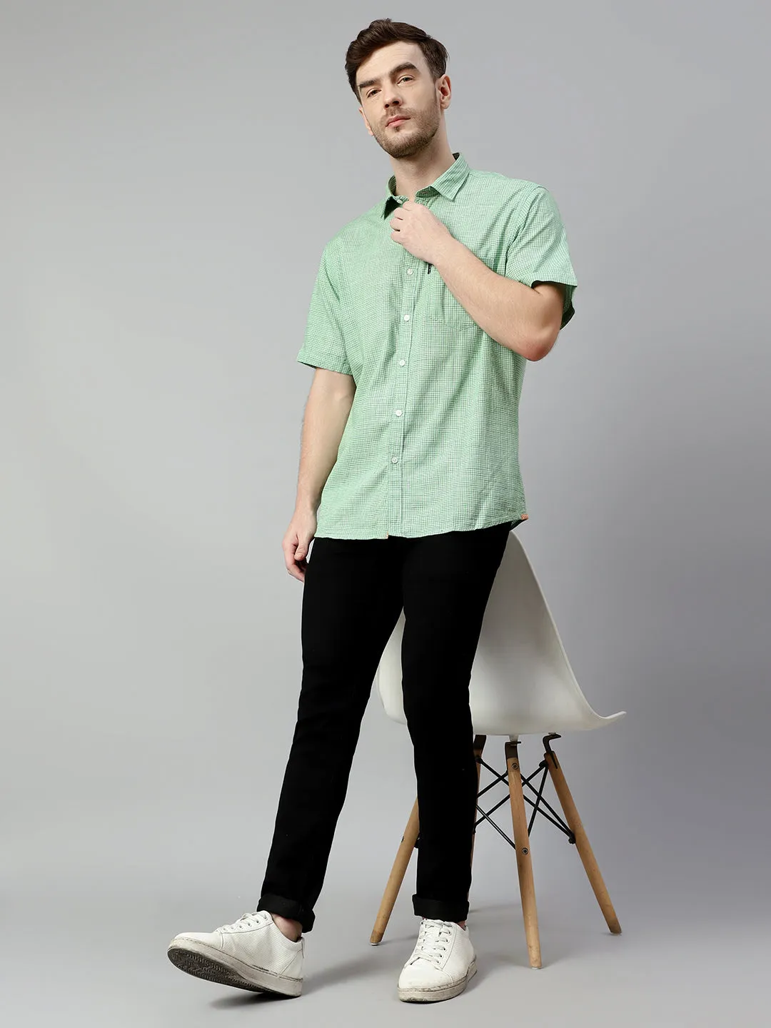 Cantabil Cotton Checkered Green Half Sleeve Regular Fit Casual Shirt for Men with Pocket