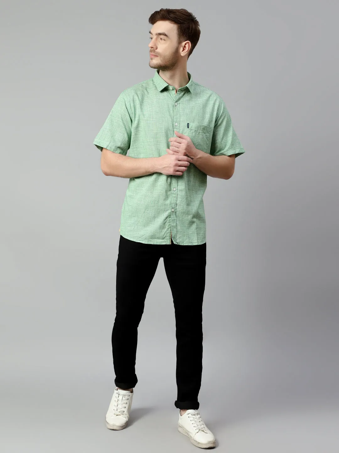 Cantabil Cotton Checkered Green Half Sleeve Regular Fit Casual Shirt for Men with Pocket