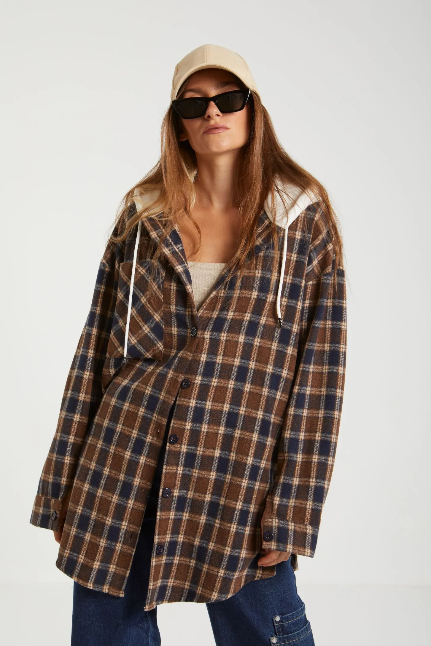 CHECKERED OVERSIZED SHIRT - BROWN
