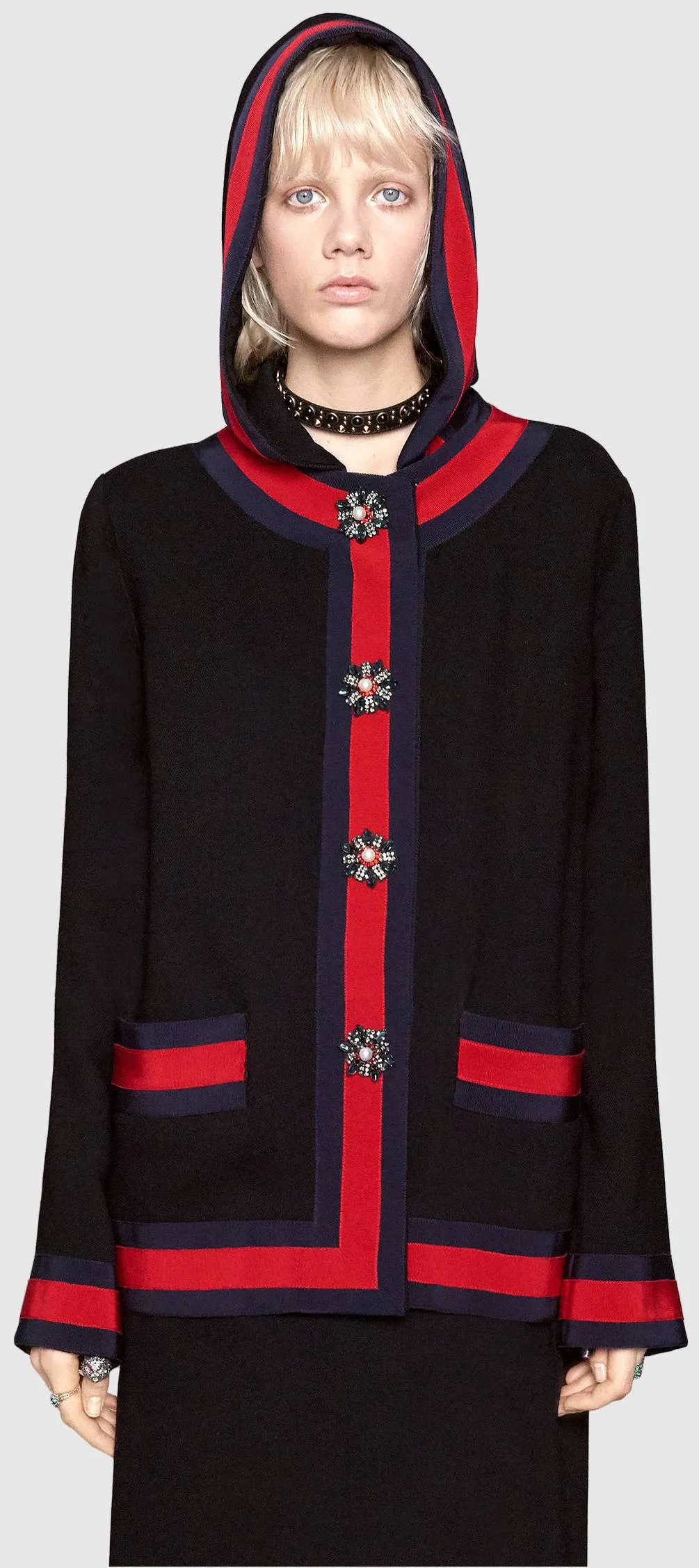 Hooded Knit Cardigan-Jacket, Black