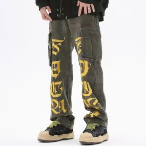 Men's High-Waist Embroidered Straight Cargo Denim Trousers