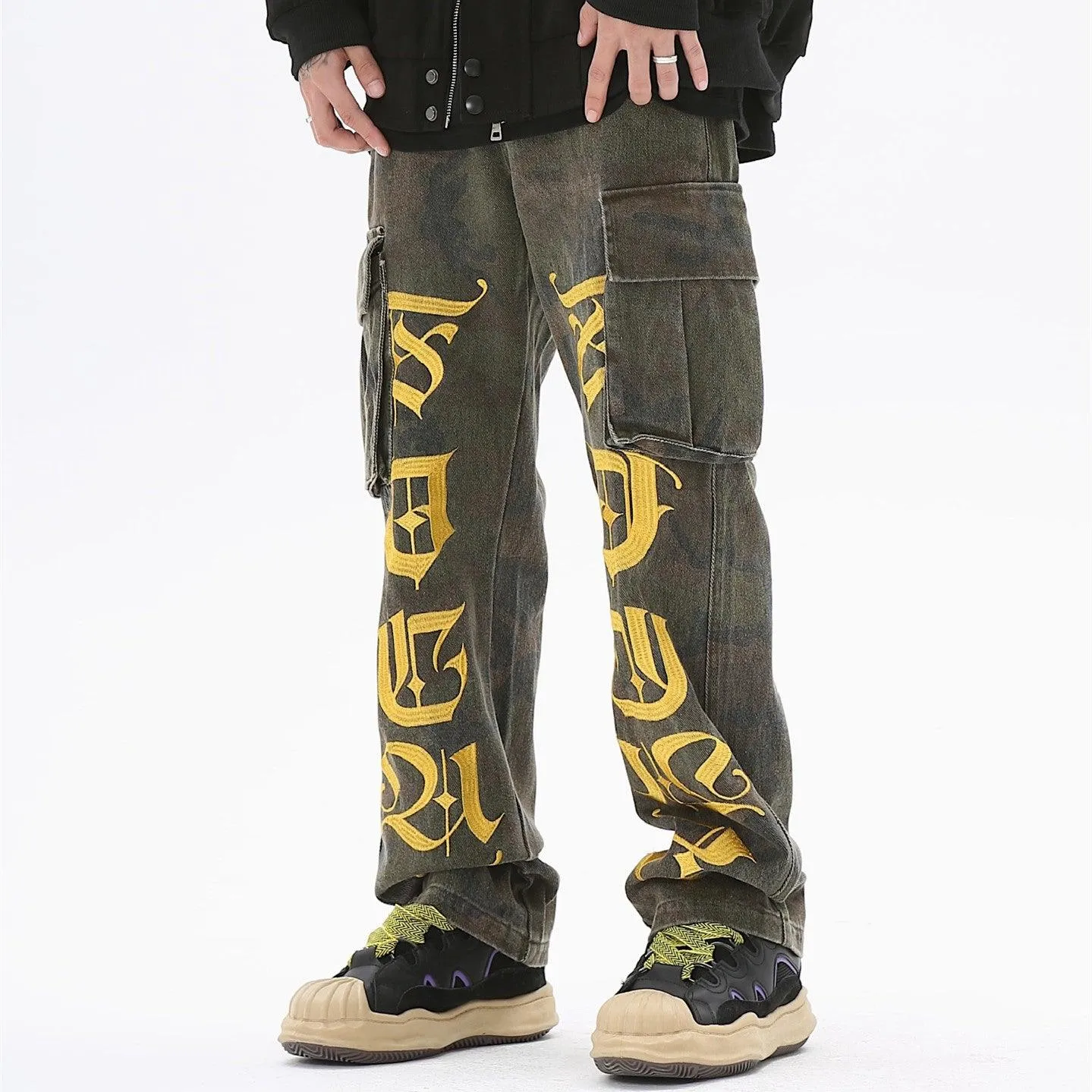 Men's High-Waist Embroidered Straight Cargo Denim Trousers