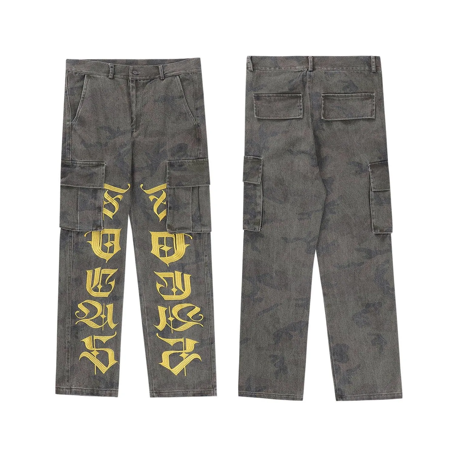 Men's High-Waist Embroidered Straight Cargo Denim Trousers