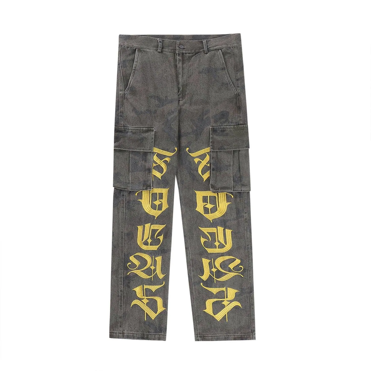 Men's High-Waist Embroidered Straight Cargo Denim Trousers