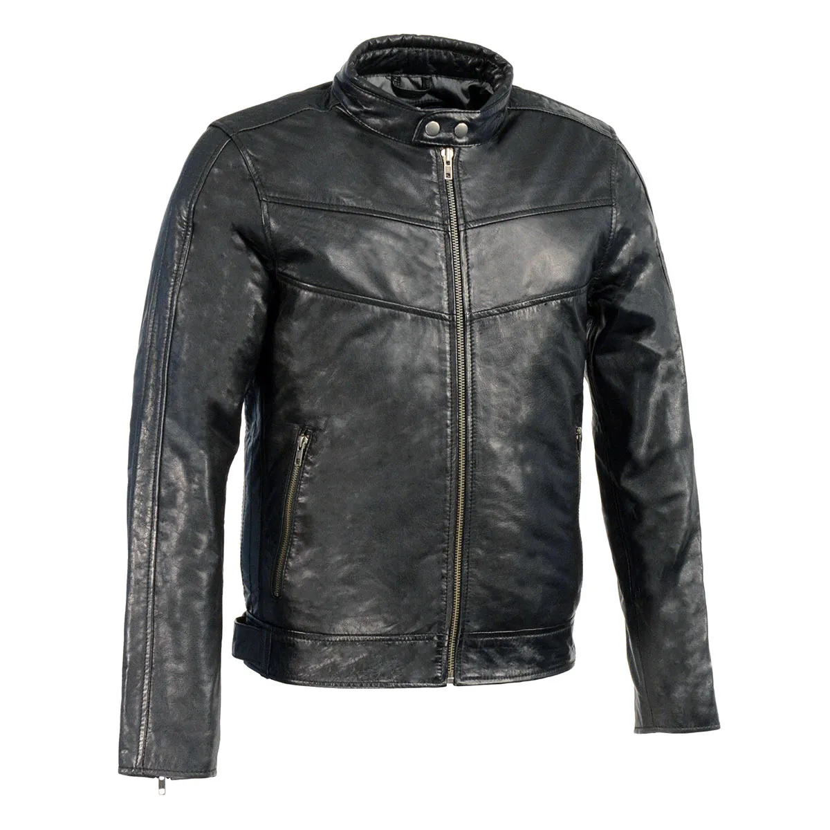 Milwaukee Leather SFM1835 Men's Black Cafe Racer Leather Jacket with Snap Button Collar