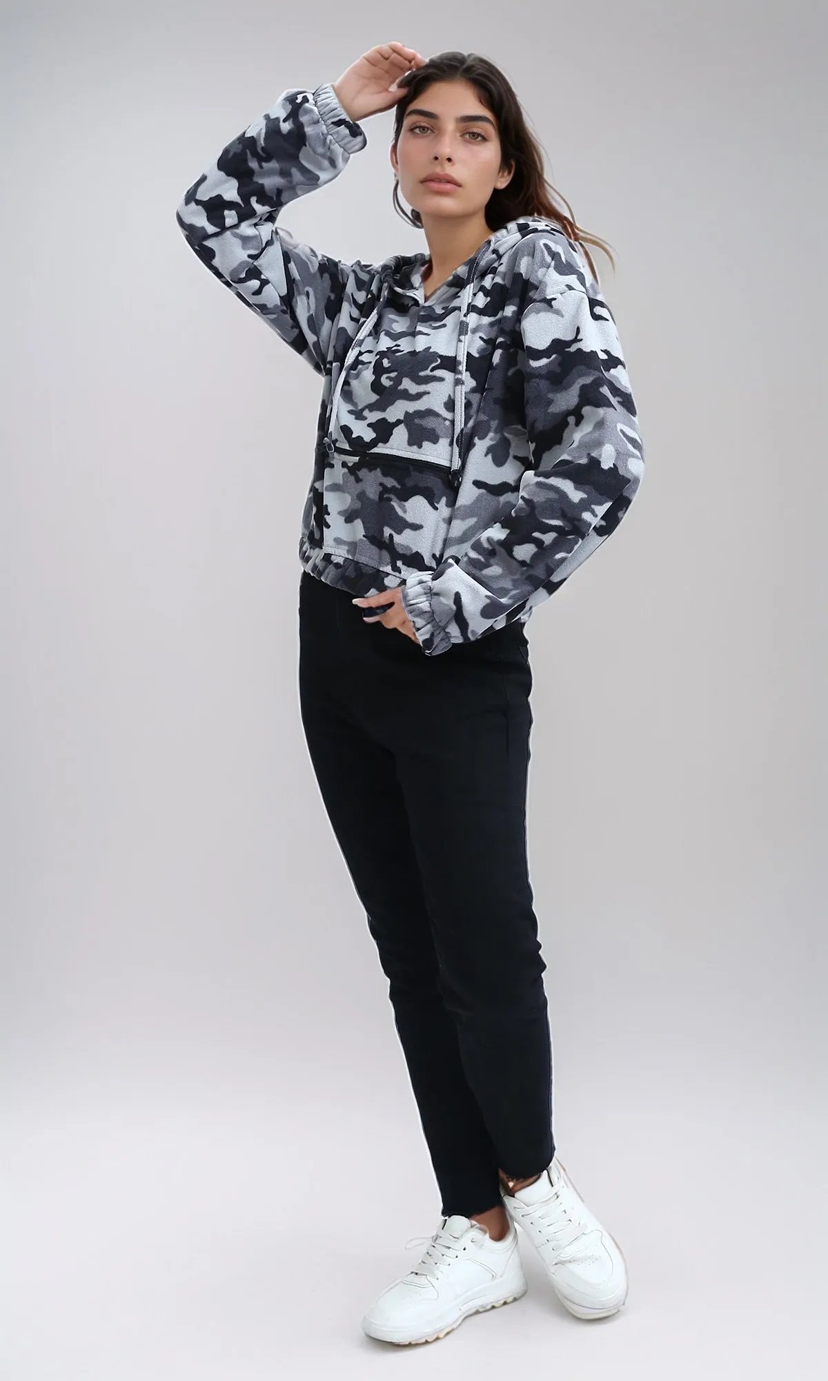 O201153 - Long Sleeves Cropped Camouflage Hoodie - Grey & White