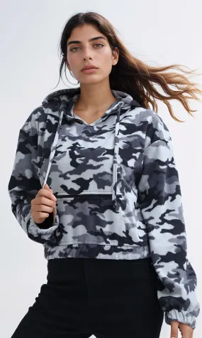 O201153 - Long Sleeves Cropped Camouflage Hoodie - Grey & White