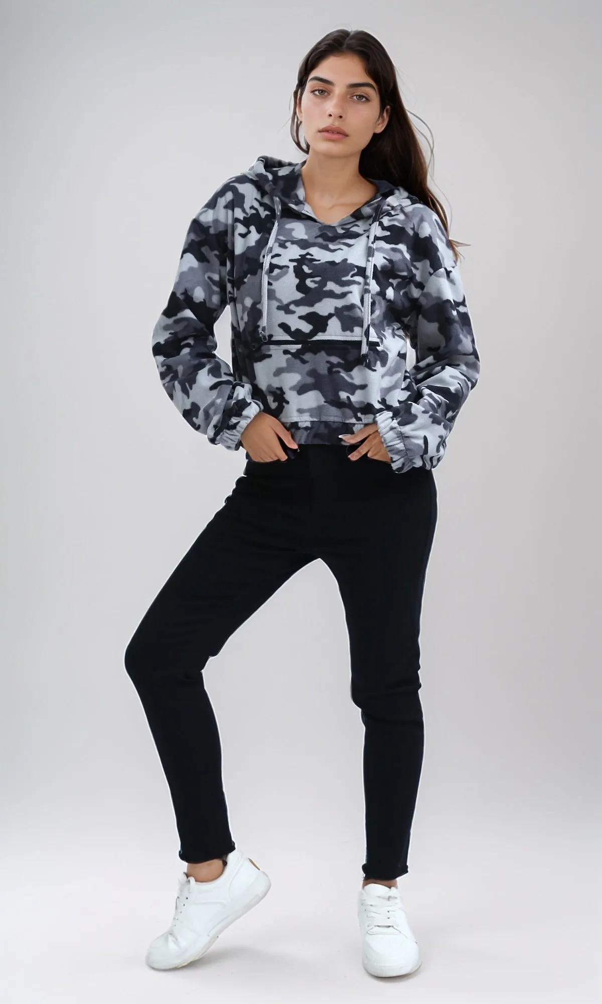 O201153 - Long Sleeves Cropped Camouflage Hoodie - Grey & White