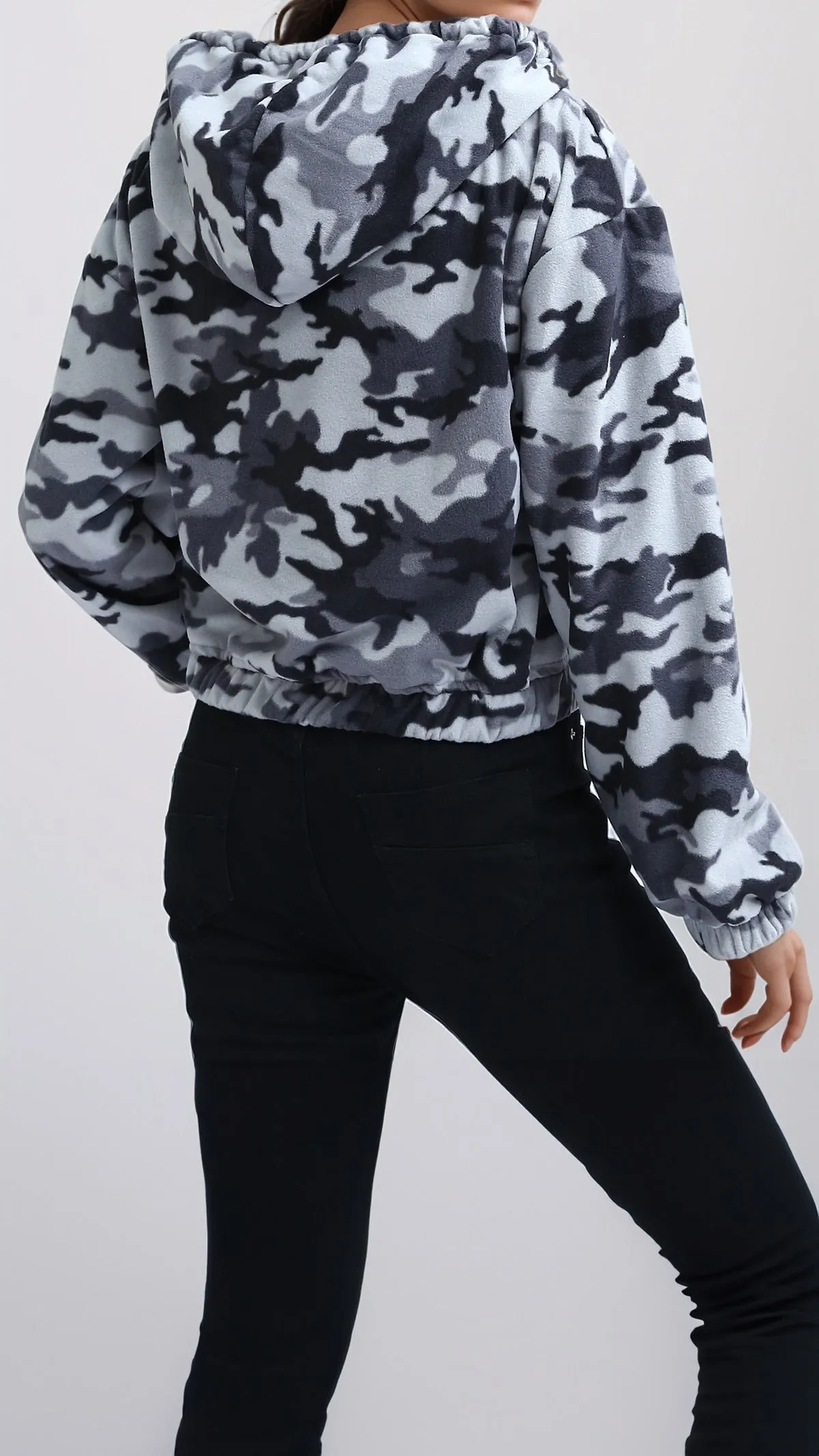 O201153 - Long Sleeves Cropped Camouflage Hoodie - Grey & White