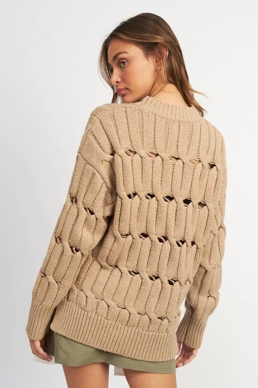 Open Knit Side Slit Sweater