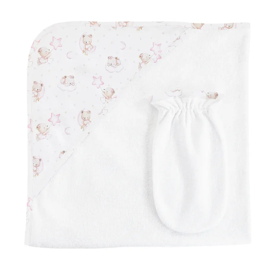 Sleep Tight Bear Pink Hooded Towel with Mitt