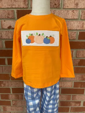Smocked Pumpkin Blue Plaid Pant Set- boy