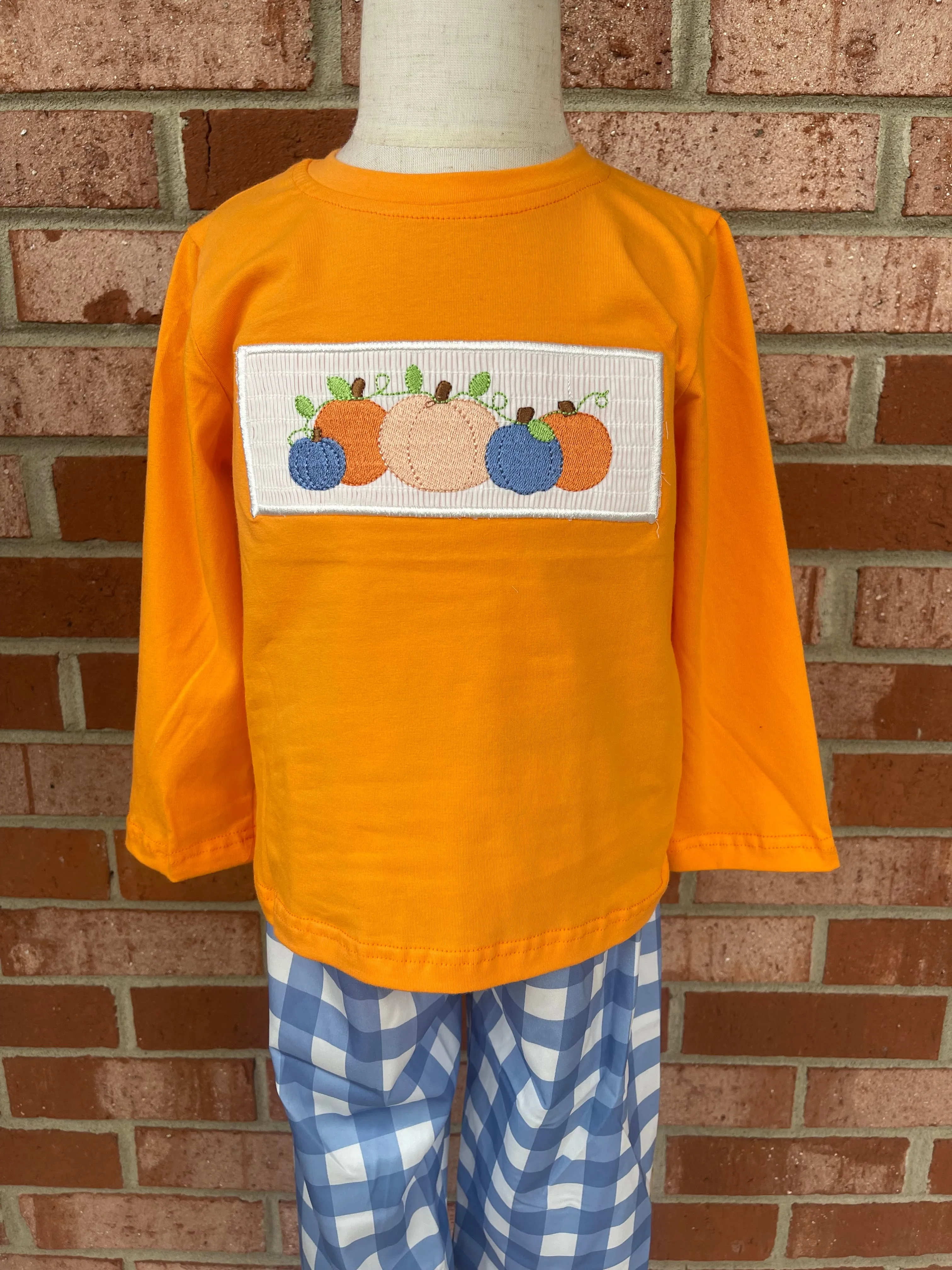 Smocked Pumpkin Blue Plaid Pant Set- boy
