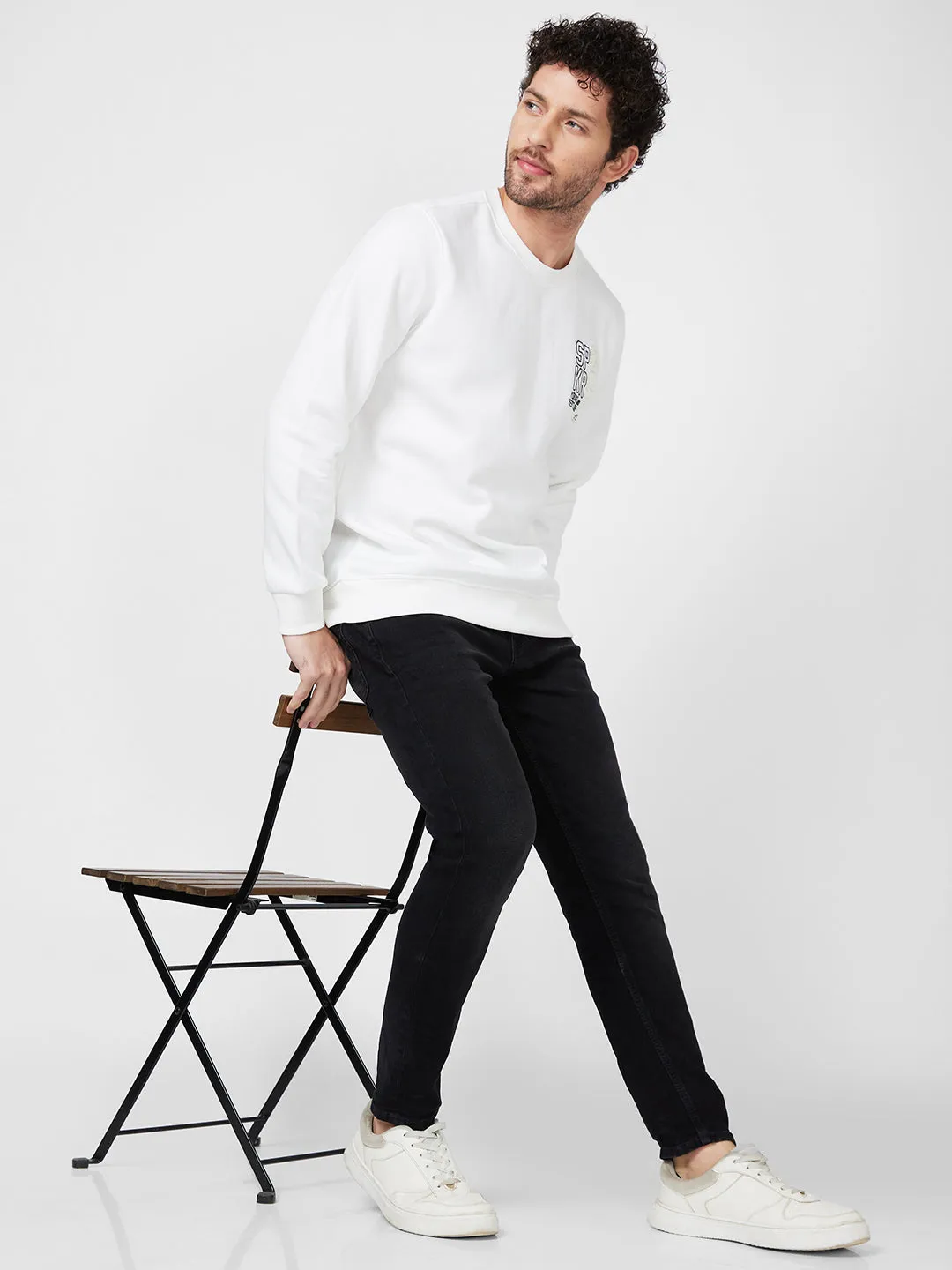 Spykar Slim Fit Round Neck Full Sleeve White Sweatshirt For Men