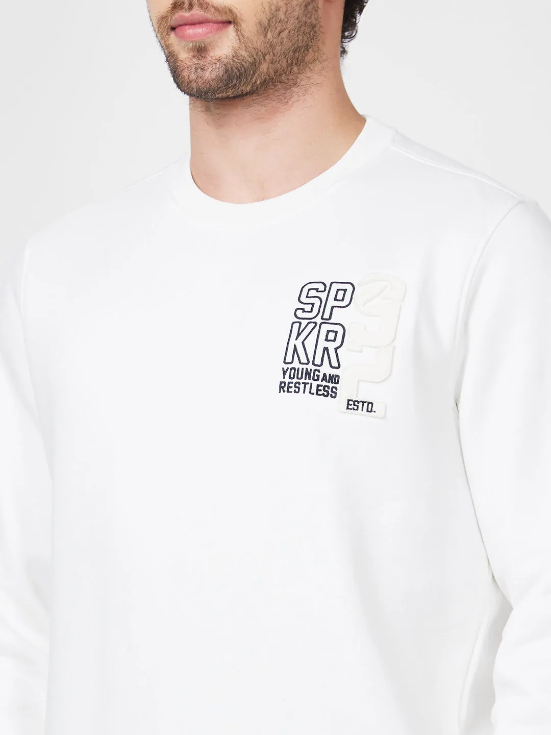 Spykar Slim Fit Round Neck Full Sleeve White Sweatshirt For Men