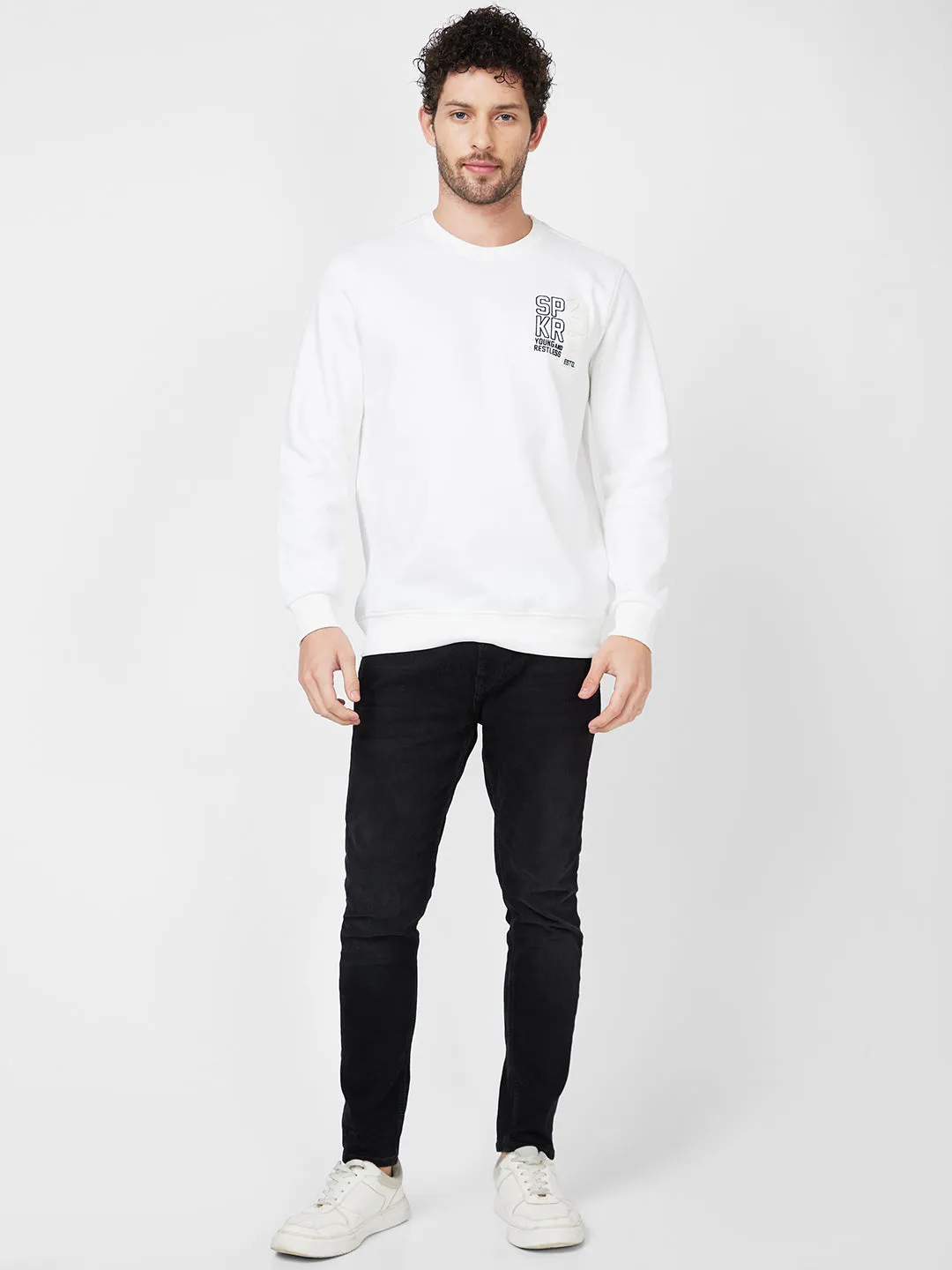 Spykar Slim Fit Round Neck Full Sleeve White Sweatshirt For Men
