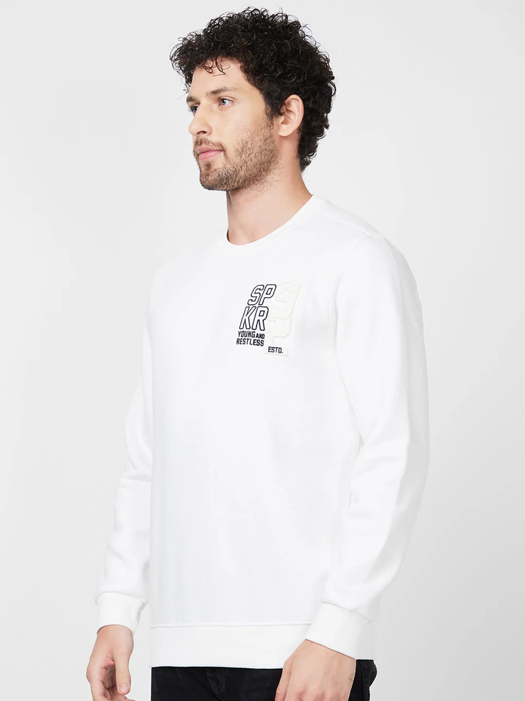 Spykar Slim Fit Round Neck Full Sleeve White Sweatshirt For Men