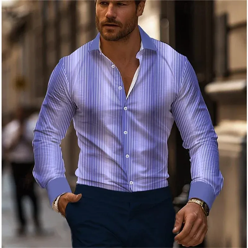 Striped men's business casual 3D printed shirt street daily wear spring and summer lapel long-sleeved 5XL stretch fabric shirt