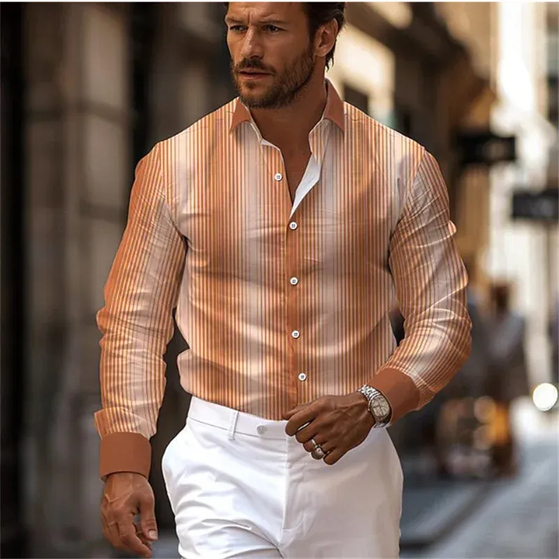 Striped men's business casual 3D printed shirt street daily wear spring and summer lapel long-sleeved 5XL stretch fabric shirt