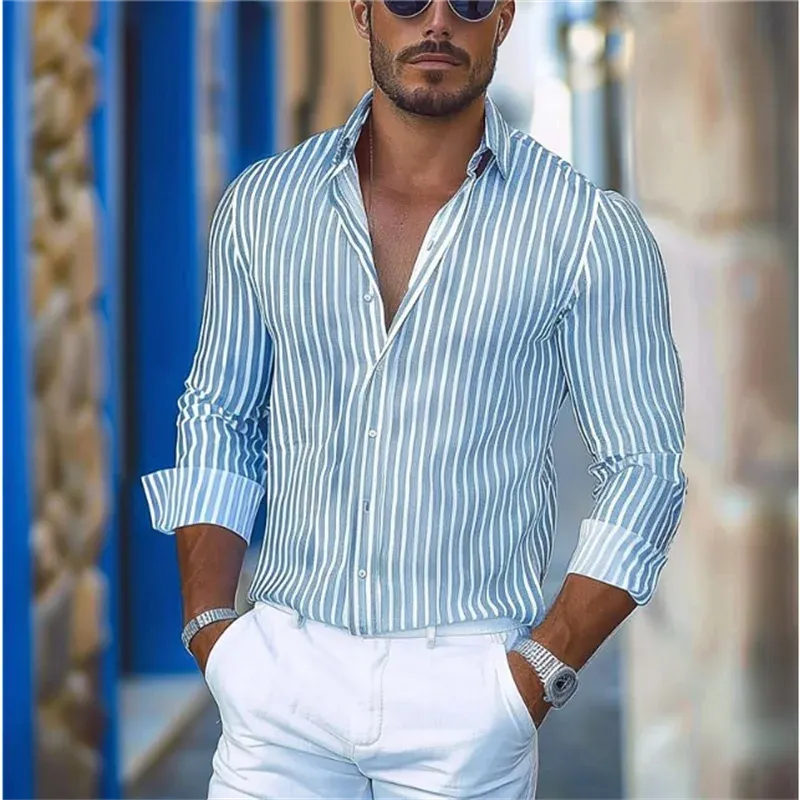 Striped men's business casual 3D printed shirt street daily wear spring and summer lapel long-sleeved 5XL stretch fabric shirt