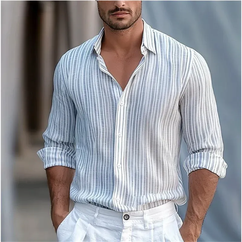 Striped men's business casual 3D printed shirt street daily wear spring and summer lapel long-sleeved 5XL stretch fabric shirt