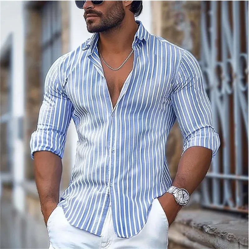 Striped men's business casual 3D printed shirt street daily wear spring and summer lapel long-sleeved 5XL stretch fabric shirt