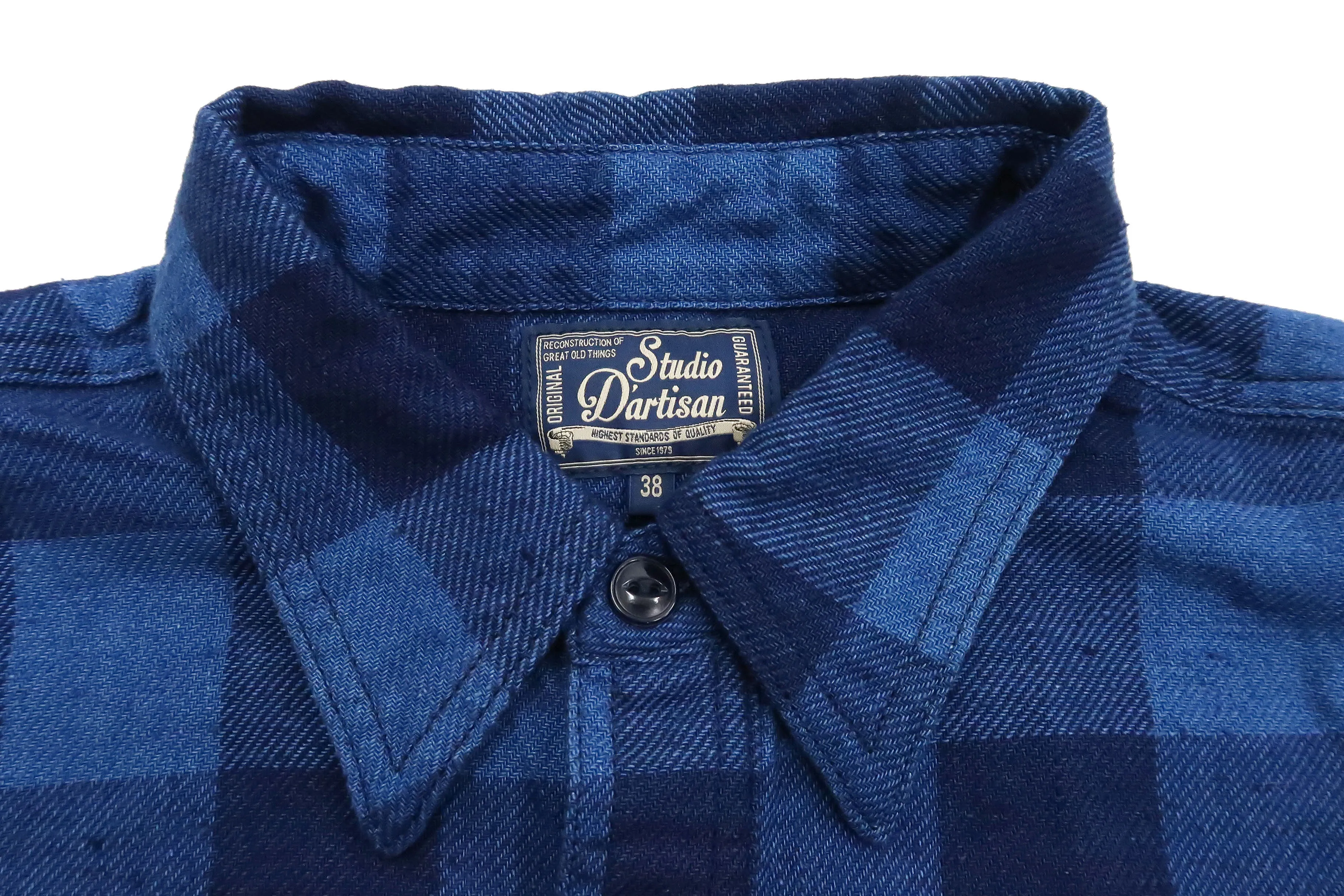 Studio D'artisan Shirt Men's Yarn-Dyed Indigo Plaid Short Sleeve Button Up Shirt 5674