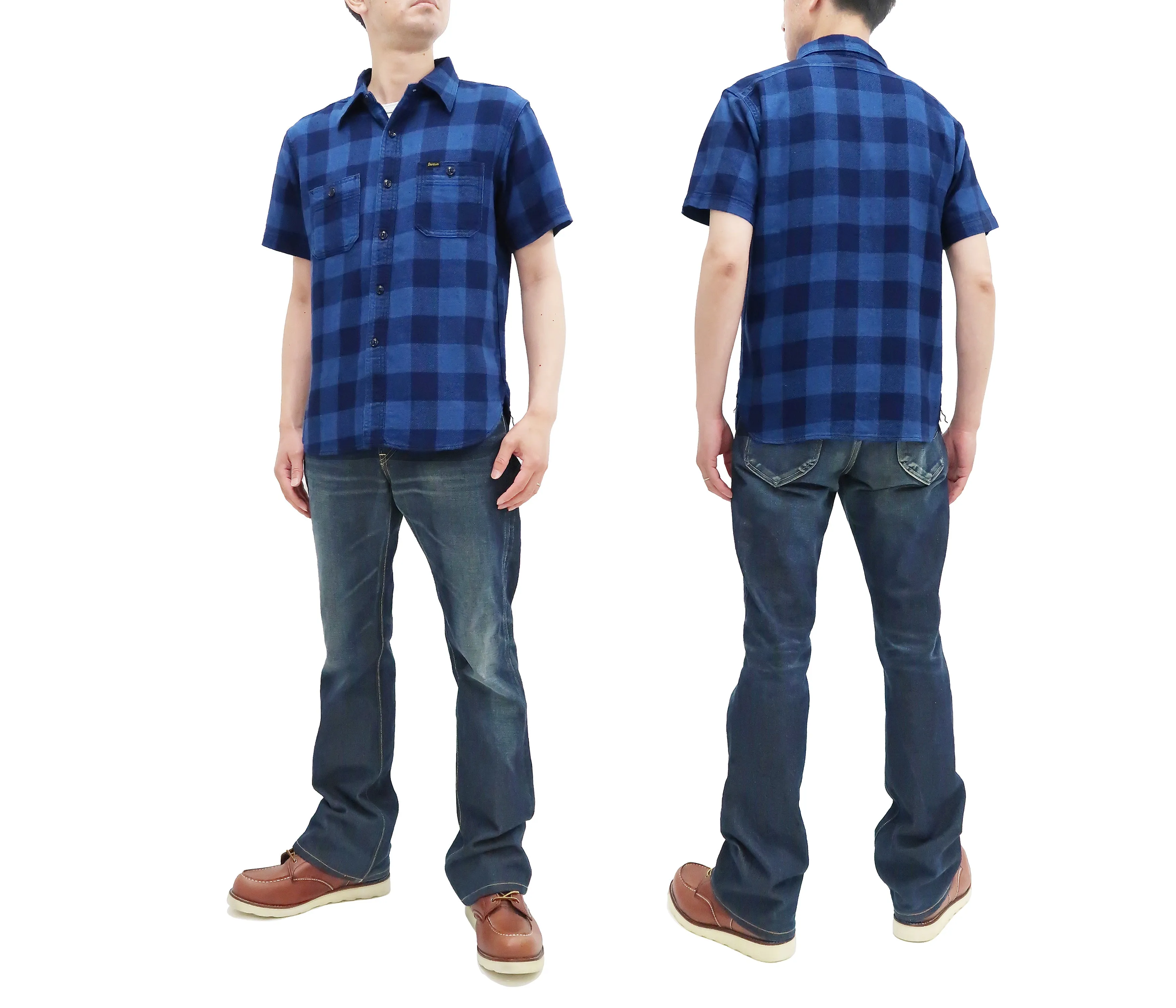 Studio D'artisan Shirt Men's Yarn-Dyed Indigo Plaid Short Sleeve Button Up Shirt 5674