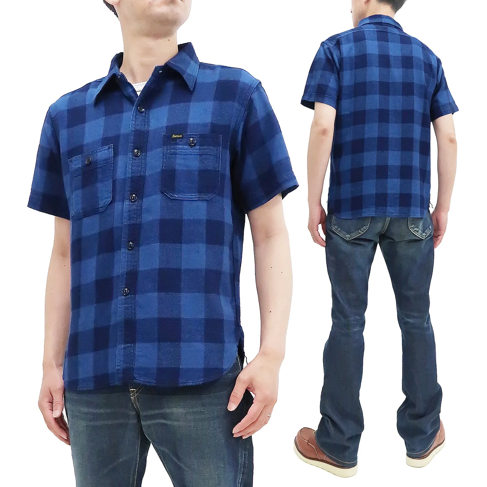 Studio D'artisan Shirt Men's Yarn-Dyed Indigo Plaid Short Sleeve Button Up Shirt 5674