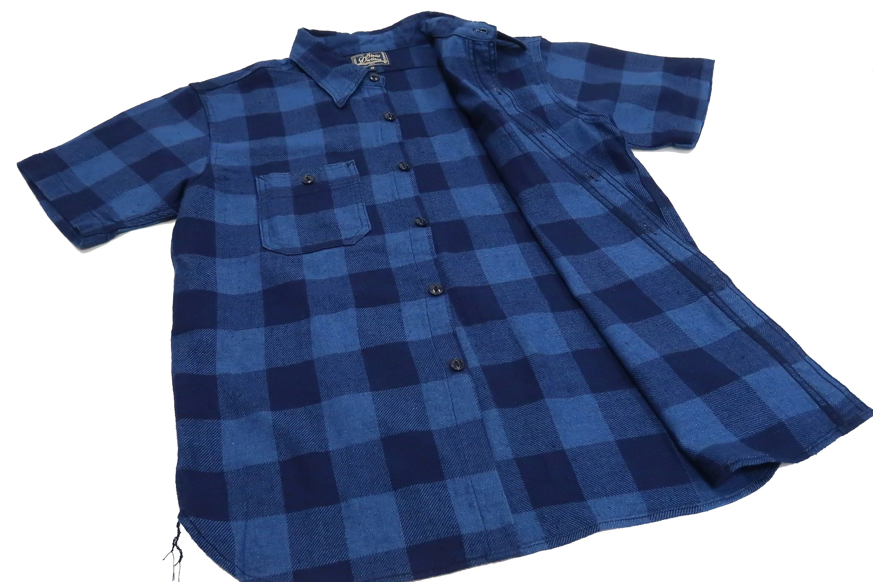 Studio D'artisan Shirt Men's Yarn-Dyed Indigo Plaid Short Sleeve Button Up Shirt 5674