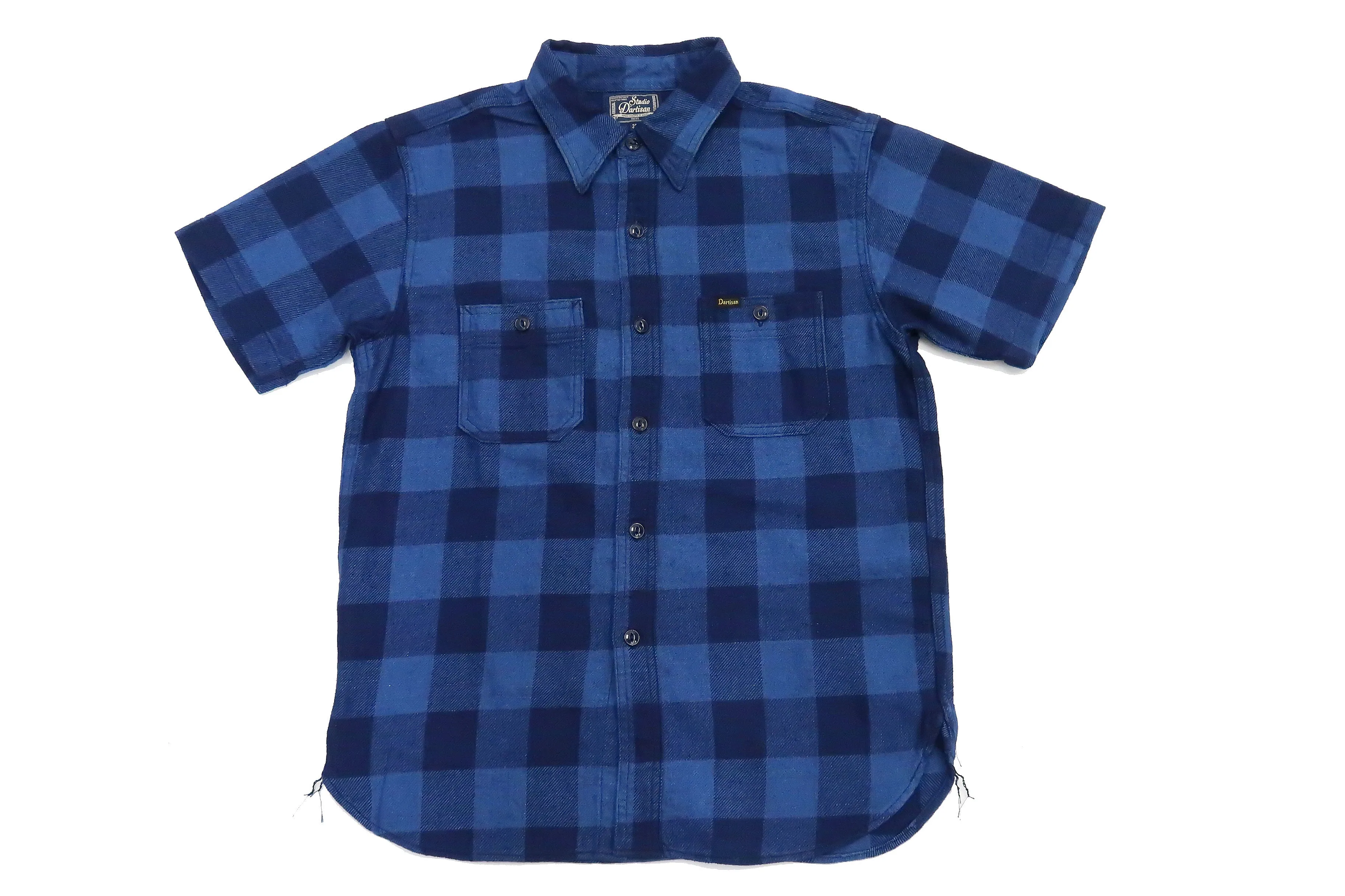 Studio D'artisan Shirt Men's Yarn-Dyed Indigo Plaid Short Sleeve Button Up Shirt 5674