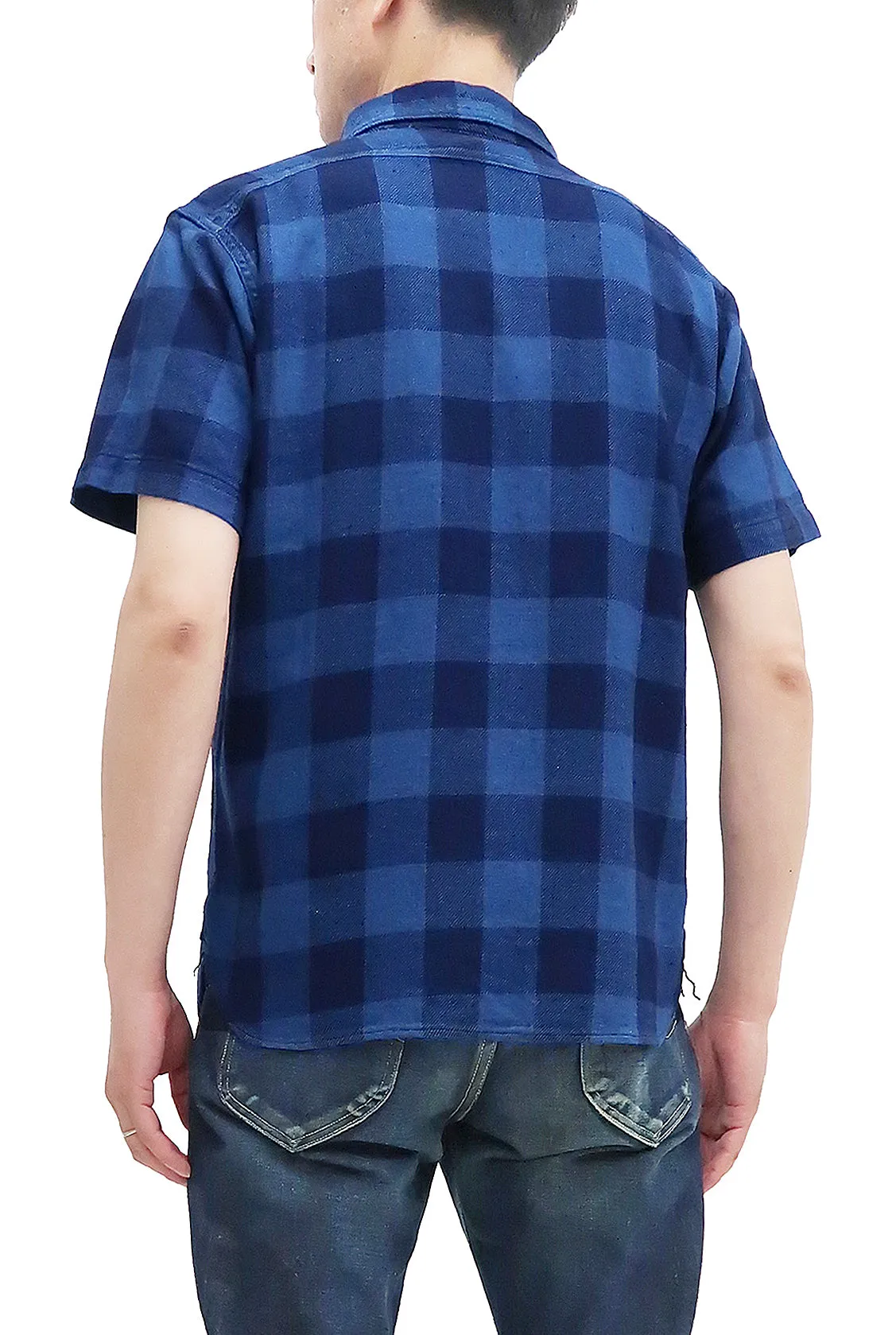 Studio D'artisan Shirt Men's Yarn-Dyed Indigo Plaid Short Sleeve Button Up Shirt 5674