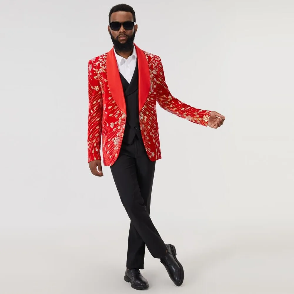 The Blaise Velvet Sequin Slim Fit Blazer Suit Jacket - Cherry Red